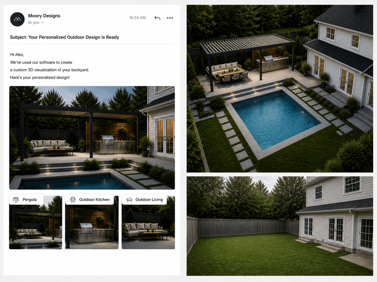 A photoreal render of the customer's actual backyard with the product placed in it, generated from a phone in seconds.