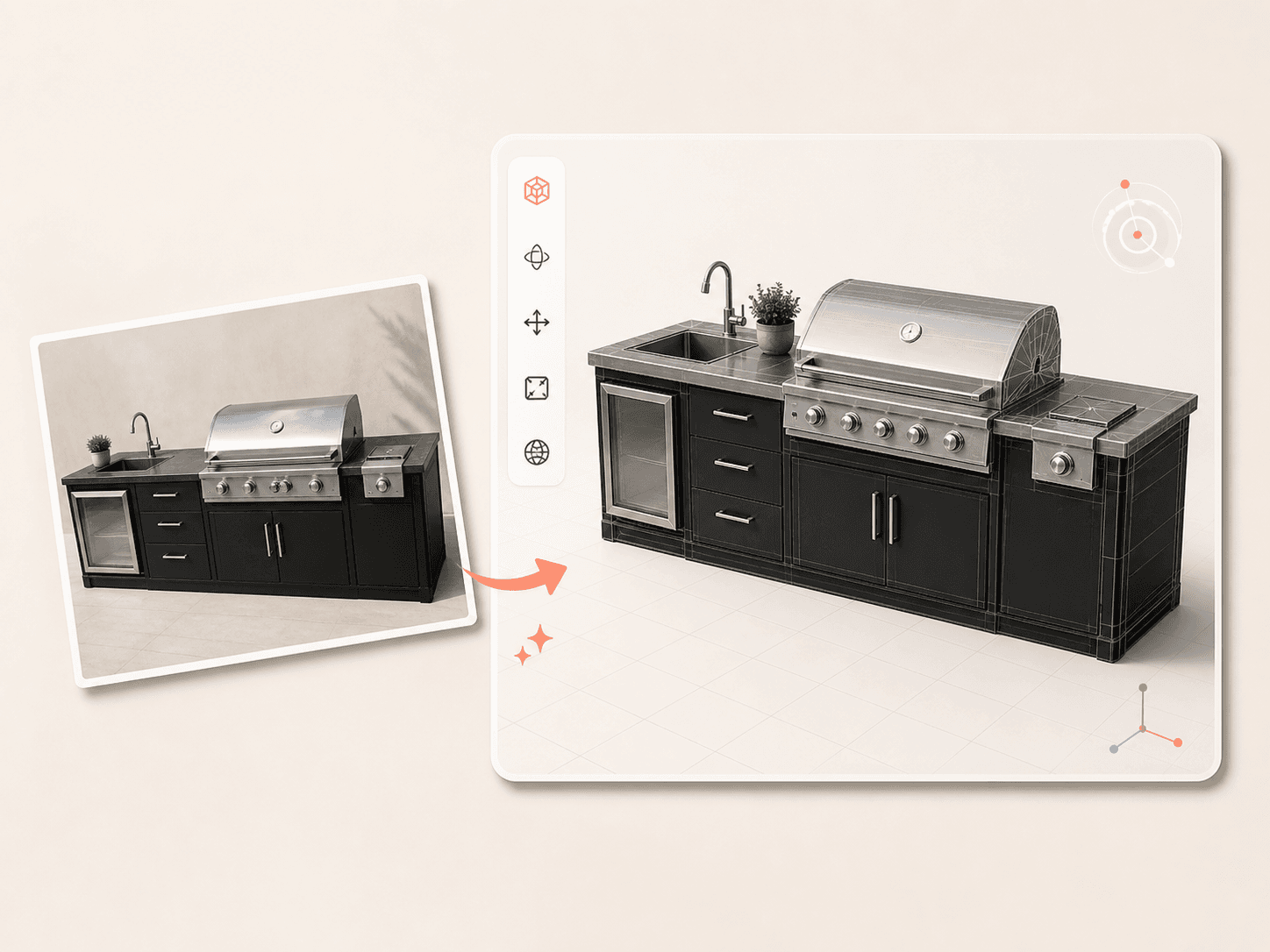 Product photo transforming into a 3D outdoor kitchen model in a viewport