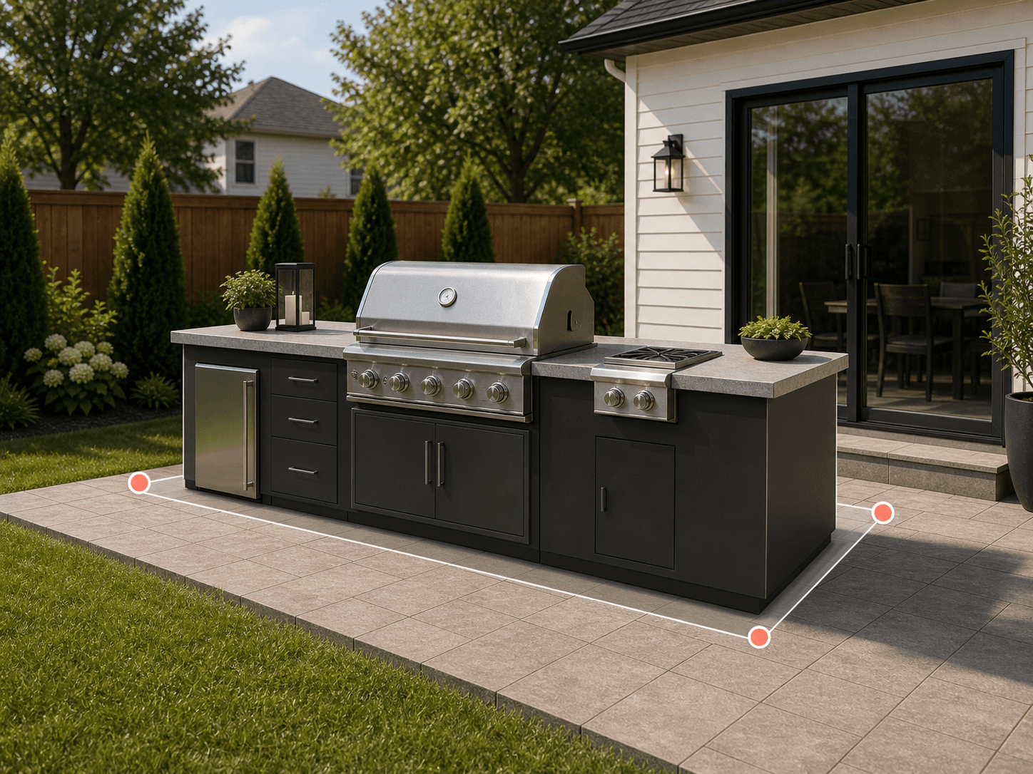 Outdoor kitchen 3D model placed into a real backyard patio