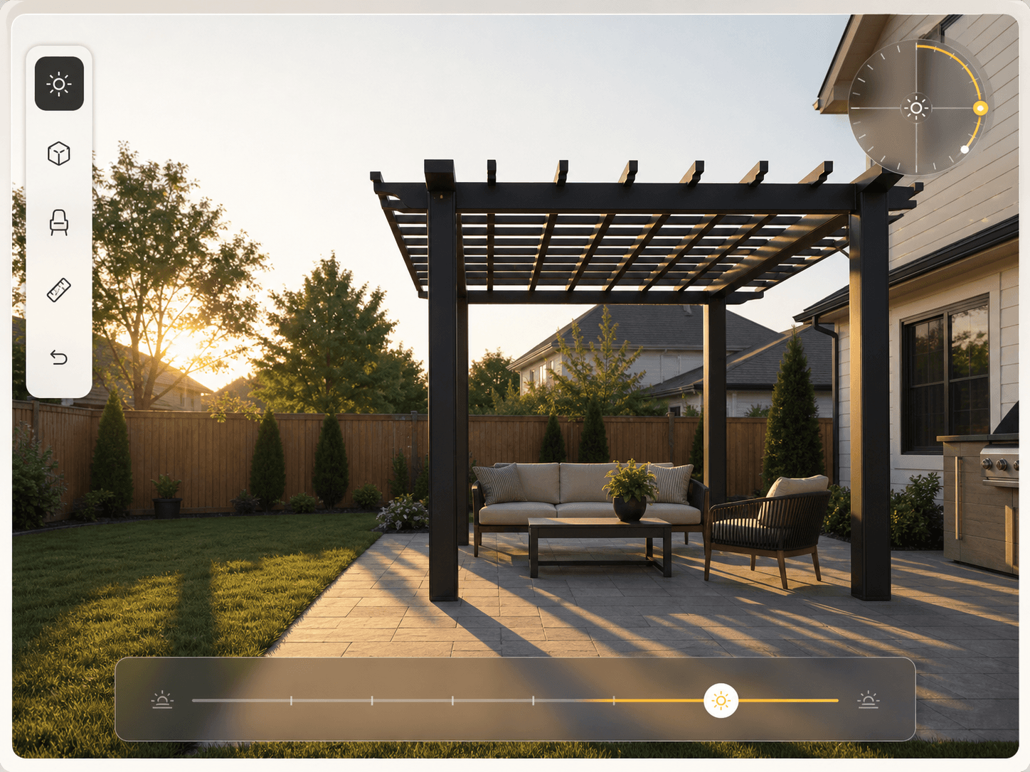 Pergola render with sun controls and matched afternoon shadows